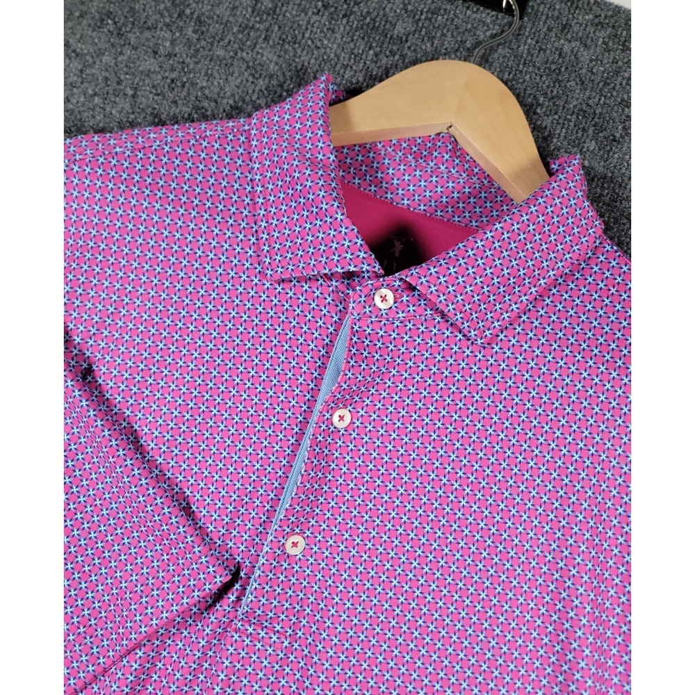Fairway & Greene Polo Shirt Mens 2XL Pink Blue Geometric Print Golf Stretch Fit